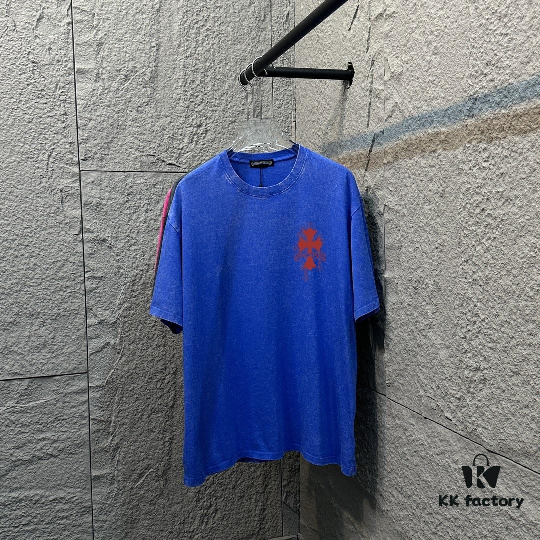 CH* Chrome Hearts* 2025 Spring and Summer New Arrival Distressed Snowflake Wash Vintage Round Neck Short Sleeve T-Shirt with Chest and Back Logo, Horseshoe Print, Custom Fabric Unisex Tee