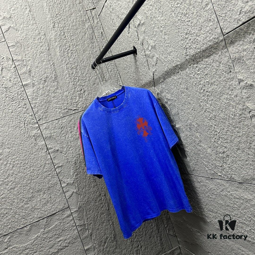 CH* Chrome Hearts* 2025 Spring and Summer New Arrival Distressed Snowflake Wash Vintage Round Neck Short Sleeve T-Shirt with Chest and Back Logo, Horseshoe Print, Custom Fabric Unisex Tee