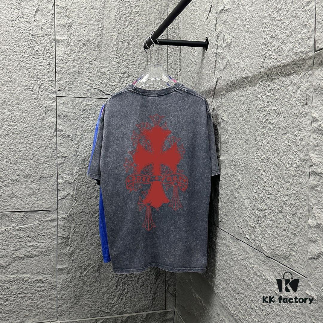 CH* Chrome Hearts* 2025 Spring/Summer New Arrival Distressed Snowflake Wash Vintage Round Neck Short Sleeve T-Shirt with Chest and Back Logo, Horseshoe Print, Custom Fabric Unisex Tee