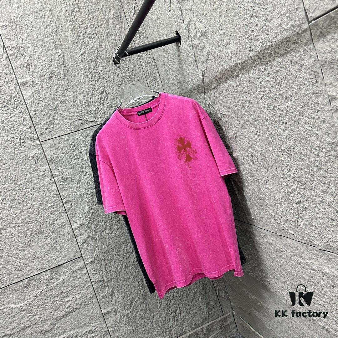 CH* Chrome Hearts* 2025 Spring/Summer New Arrival Distressed Snowflake Wash Vintage Round Neck Short Sleeve T-Shirt with Front and Back Logo, Classic Cross Print, Custom Fabric Unisex Tee