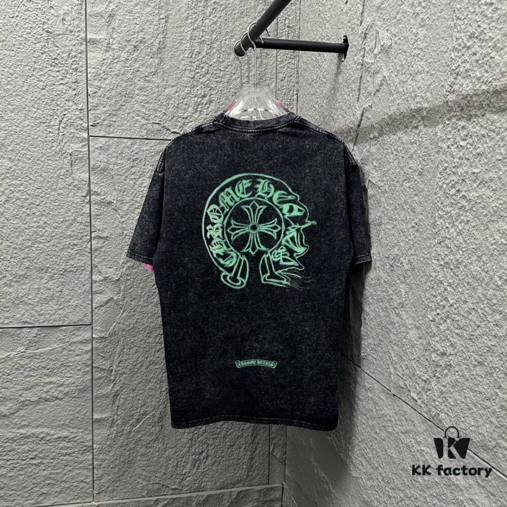 CH* Chrome Hearts* 2025 Spring/Summer New Arrival Distressed Snowflake Wash Vintage Round Neck Short Sleeve T-Shirt with Chest and Back Logo, Horseshoe Print, Custom Fabric Unisex Tee