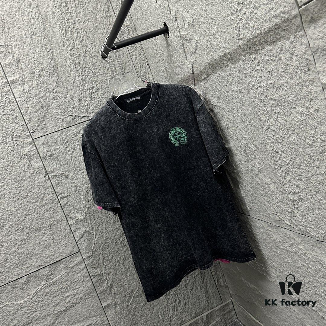 CH* Chrome Hearts* 2025 Spring/Summer New Arrival Distressed Snowflake Wash Vintage Round Neck Short Sleeve T-Shirt with Chest and Back Logo, Horseshoe Print, Custom Fabric Unisex Tee