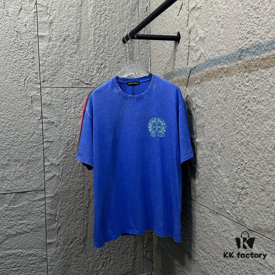 CH* Chrome Hearts* 2025 Spring and Summer New Arrival Distressed Snowflake Wash Vintage Round Neck Short Sleeve T-Shirt with Chest and Back Logo, Horseshoe Print, Custom Fabric Unisex Tee