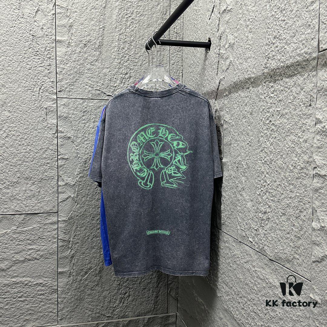 CH* Chrome Hearts* 2025 Spring/Summer New Arrival Distressed Snowflake Wash Vintage Round Neck Short Sleeve T-Shirt with Chest and Back Logo, Horseshoe Print, Custom Fabric Unisex Tee