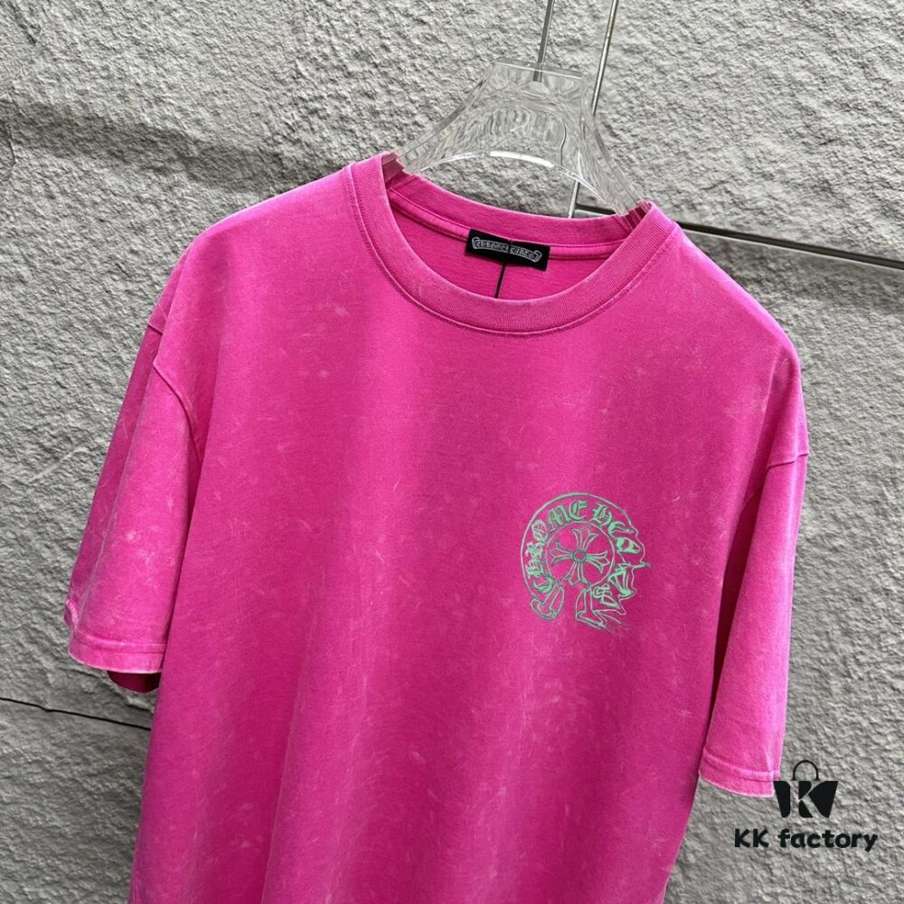 CH* Chrome Hearts* 2025 Spring/Summer New Arrival Distressed Snowflake Wash Vintage Round Neck Short Sleeve T-Shirt with Chest and Back Logo, Horseshoe Print, Custom Fabric Unisex Tee