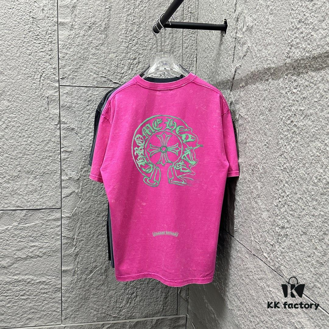 CH* Chrome Hearts* 2025 Spring/Summer New Arrival Distressed Snowflake Wash Vintage Round Neck Short Sleeve T-Shirt with Chest and Back Logo, Horseshoe Print, Custom Fabric Unisex Tee