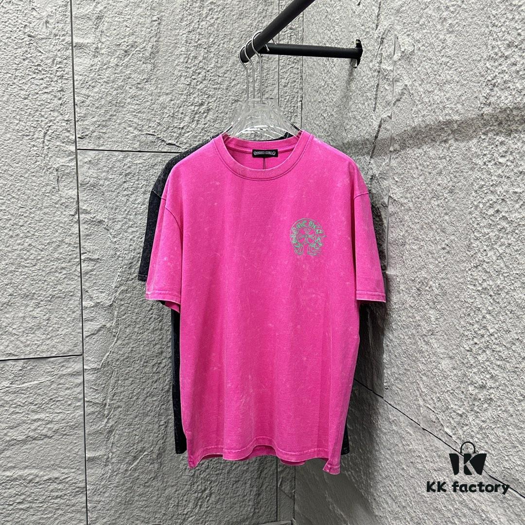 CH* Chrome Hearts* 2025 Spring/Summer New Arrival Distressed Snowflake Wash Vintage Round Neck Short Sleeve T-Shirt with Chest and Back Logo, Horseshoe Print, Custom Fabric Unisex Tee