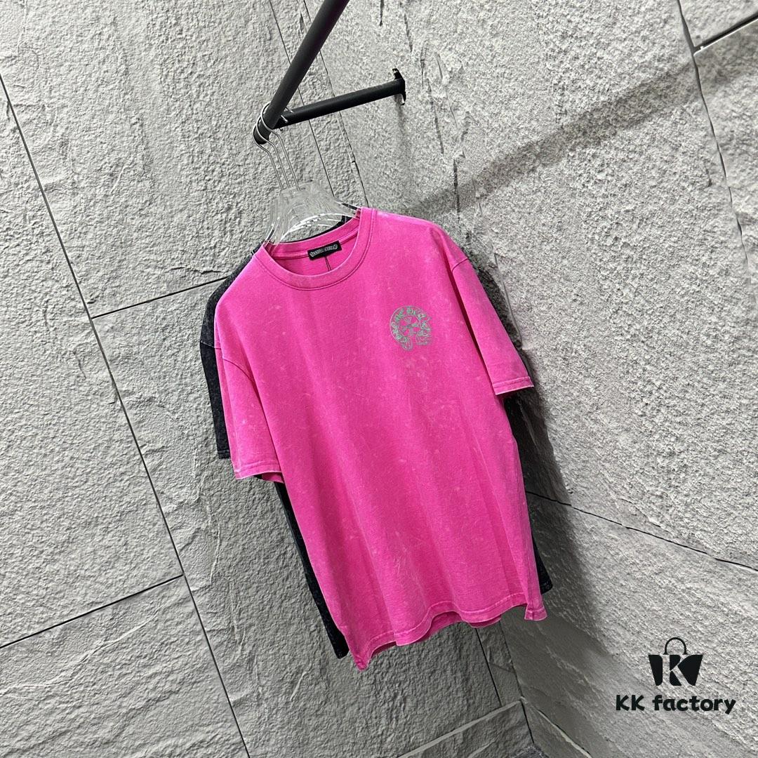 CH* Chrome Hearts* 2025 Spring/Summer New Arrival Distressed Snowflake Wash Vintage Round Neck Short Sleeve T-Shirt with Chest and Back Logo, Horseshoe Print, Custom Fabric Unisex Tee