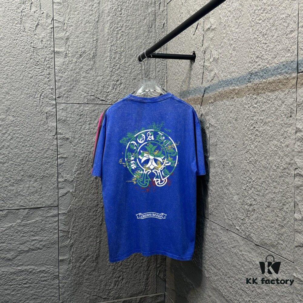 CH Chrome Hearts* 2025 Spring/Summer New Arrival Distressed Vintage Round-Neck Short-Sleeve T-Shirt with Chest Logo and Horseshoe Print, Custom Fabric Unisex Tee