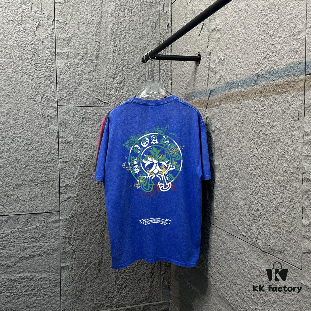 CH Chrome Hearts* 2025 Spring/Summer New Arrival Distressed Vintage Round-Neck Short-Sleeve T-Shirt with Chest Logo and Horseshoe Print, Custom Fabric Unisex Tee