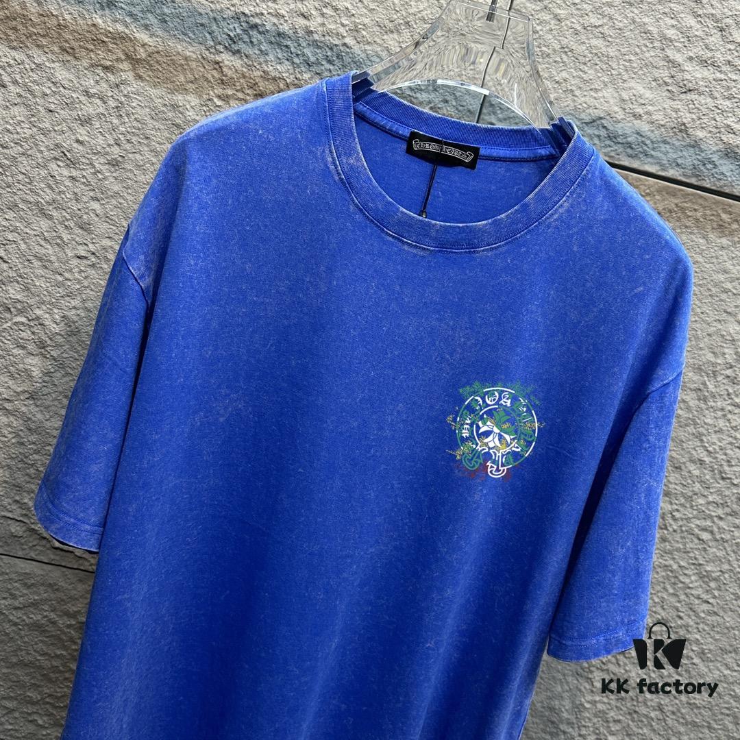 CH Chrome Hearts* 2025 Spring/Summer New Arrival Distressed Vintage Round-Neck Short-Sleeve T-Shirt with Chest Logo and Horseshoe Print, Custom Fabric Unisex Tee