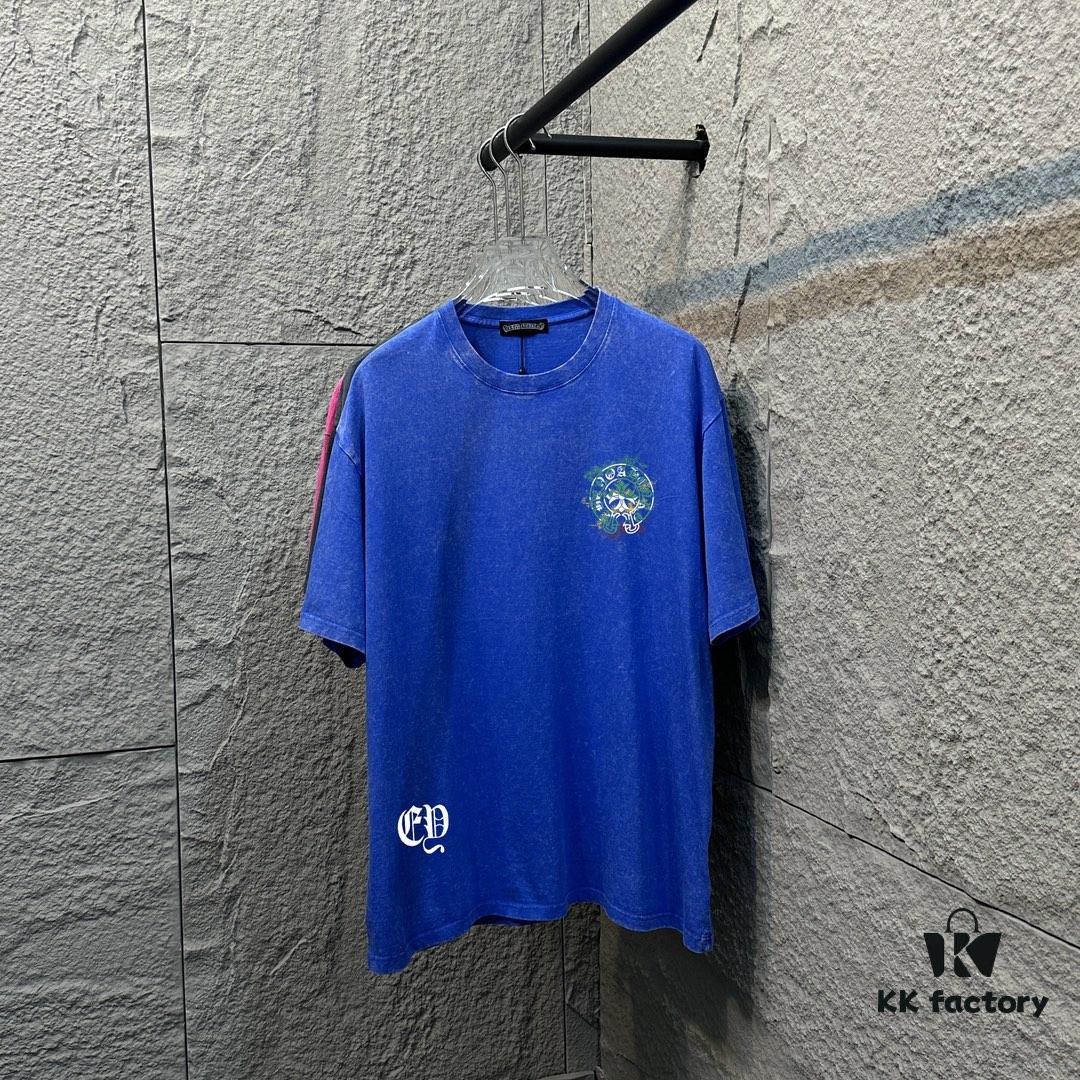 CH Chrome Hearts* 2025 Spring/Summer New Arrival Distressed Vintage Round-Neck Short-Sleeve T-Shirt with Chest Logo and Horseshoe Print, Custom Fabric Unisex Tee