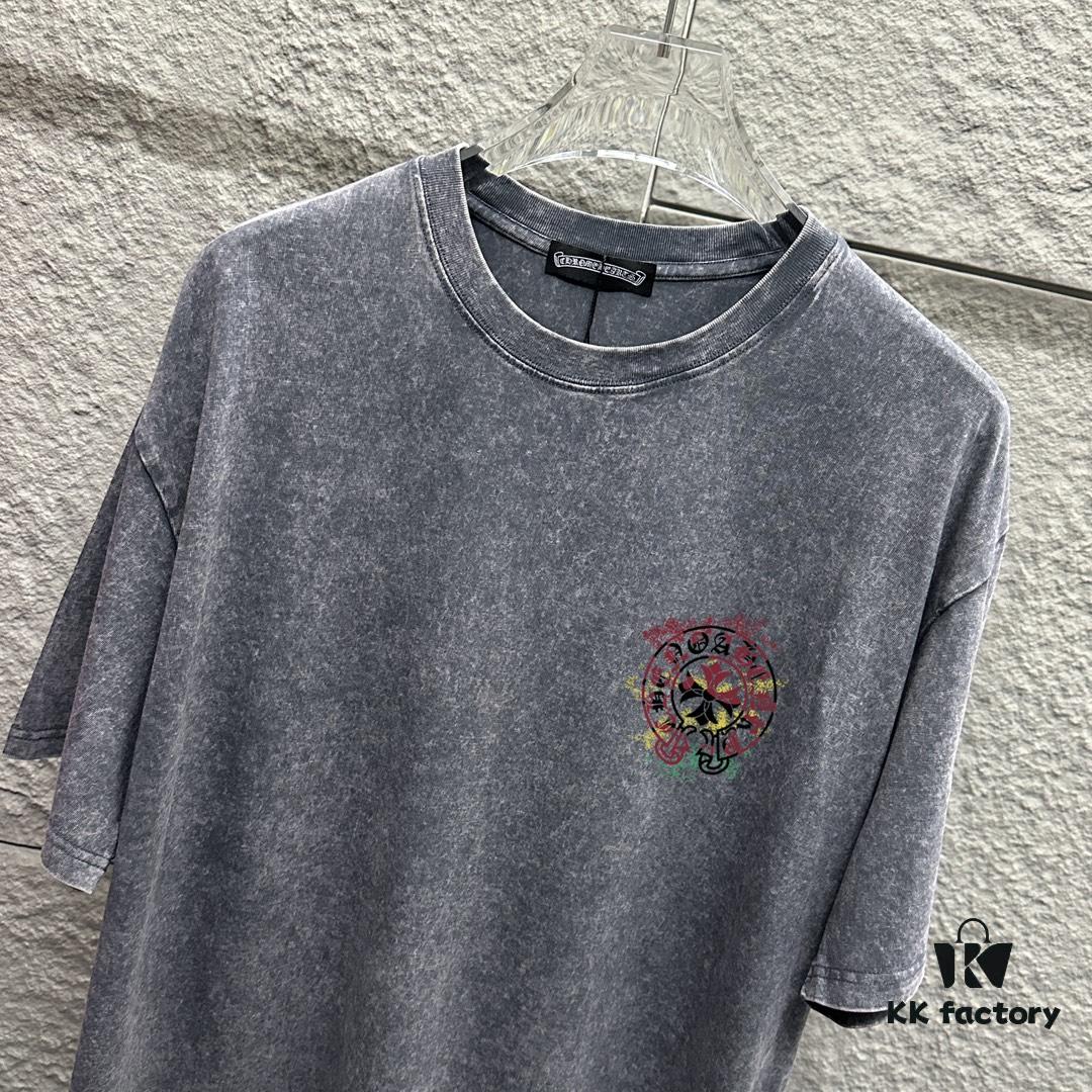 CH Chrome Hearts* 2025 Spring and Summer New Arrival Distressed Snowflake Wash Vintage Round Neck Short Sleeve T-Shirt with Chest Logo and Horseshoe Print, Custom Fabric Unisex Tee