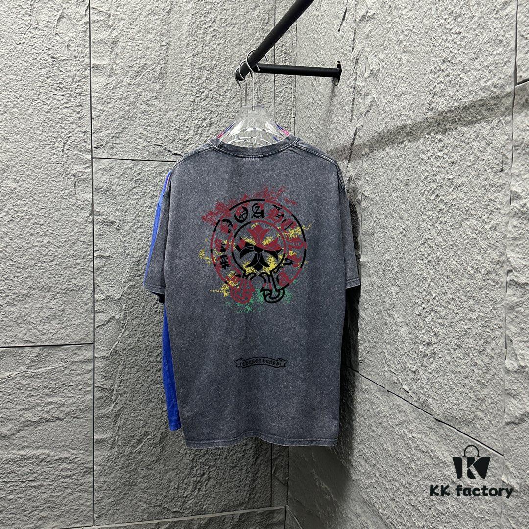 CH Chrome Hearts* 2025 Spring and Summer New Arrival Distressed Snowflake Wash Vintage Round Neck Short Sleeve T-Shirt with Chest Logo and Horseshoe Print, Custom Fabric Unisex Tee
