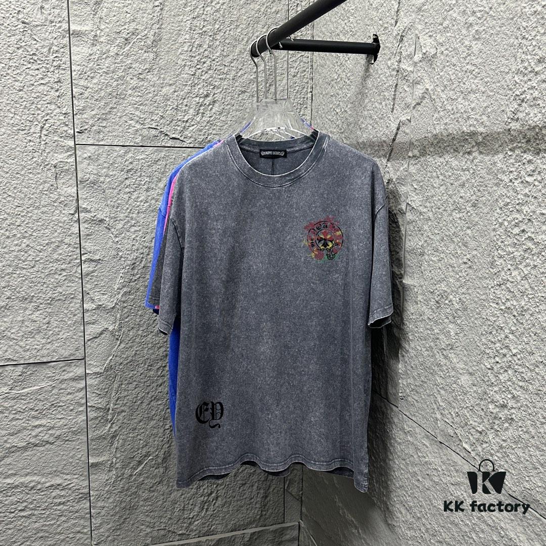 CH Chrome Hearts* 2025 Spring and Summer New Arrival Distressed Snowflake Wash Vintage Round Neck Short Sleeve T-Shirt with Chest Logo and Horseshoe Print, Custom Fabric Unisex Tee