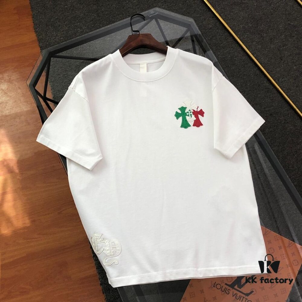 Chrome Hearts 2025 New Heavy Washed Leather Patch Embroidered Short Sleeve T-Shirt △ Original Fabric △ High Version △ Premium Quality Influencer and Celebrity Style △ 320g Heavy Garment Wash Embroidery with Horse Hoof Cross Graffiti Print △ Fully Labeled Unisex Tee Must-Have Versatile Design △ Colors: Black, White, Khaki
