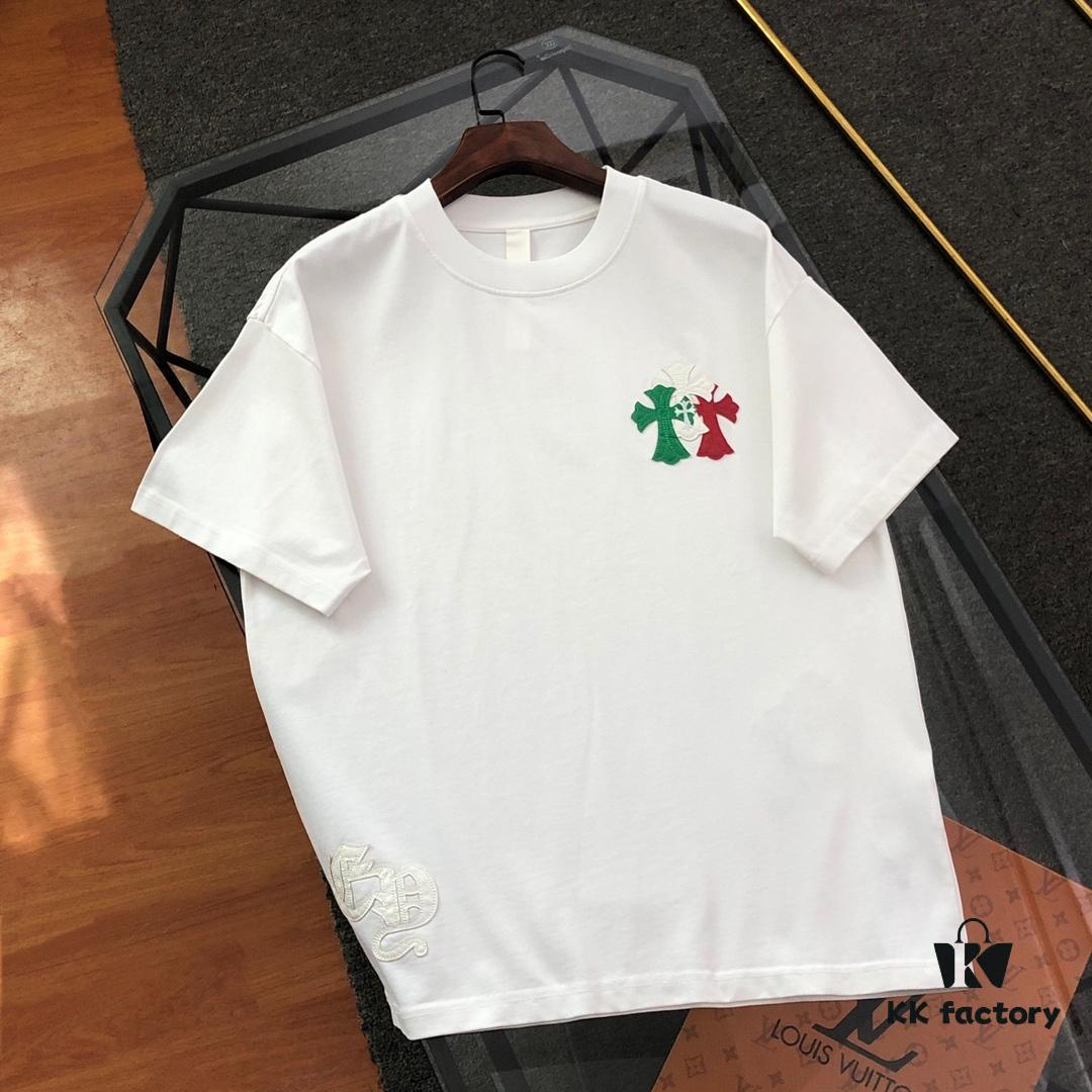 Chrome Hearts 2025 New Heavy Washed Leather Patch Embroidered Short Sleeve T-Shirt △ Original Fabric △ High Version △ Premium Quality Influencer and Celebrity Style △ 320g Heavy Garment Wash Embroidery with Horse Hoof Cross Graffiti Print △ Fully Labeled Unisex Tee Must-Have Versatile Design △ Colors: Black, White, Khaki