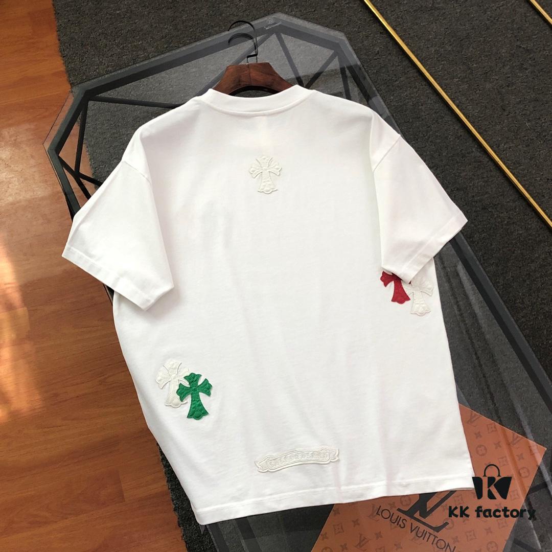 Chrome Hearts 2025 New Heavy Washed Leather Patch Embroidered Short Sleeve T-Shirt △ Original Fabric △ High Version △ Premium Quality Influencer and Celebrity Style △ 320g Heavy Garment Wash Embroidery with Horse Hoof Cross Graffiti Print △ Fully Labeled Unisex Tee Must-Have Versatile Design △ Colors: Black, White, Khaki