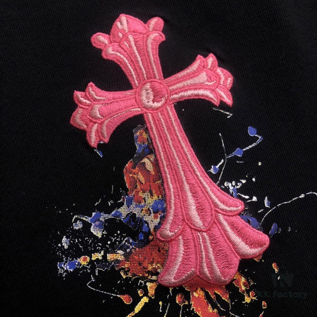 Chrome Hearts 2025 New Embroidered Graffiti Print Short Sleeve T-Shirt △ Original Fabric △ High-Version △ Premium Quality Influencer & Celebrity Style 320g Garment Washed Embroidered Horseshoe Cross Graffiti Craft Horseshoe Cross Print Unisex Versatile Must-Have Tee with Full Triple Labels