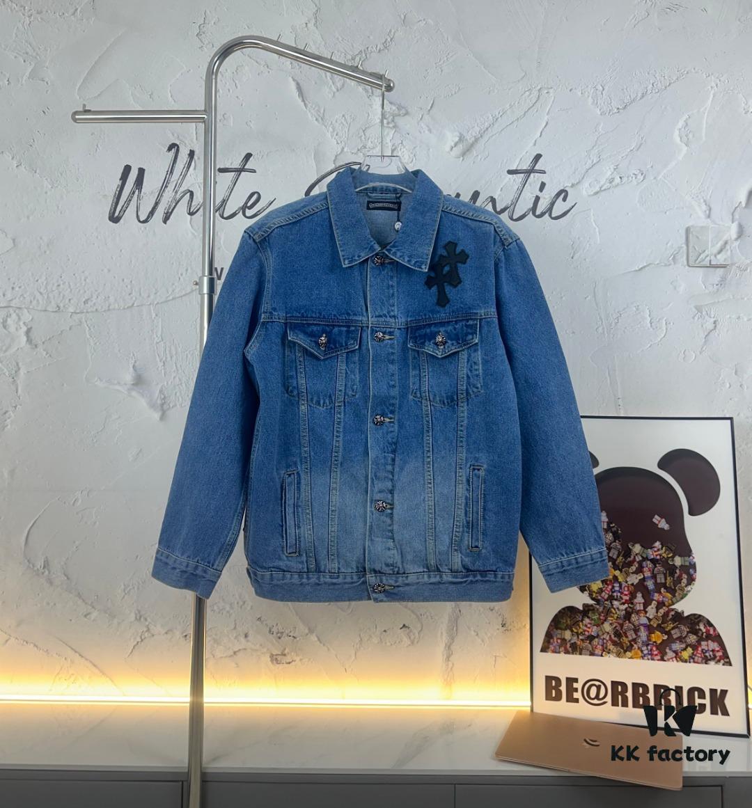 Chrome Hearts Couple's Heavy Washed Denim Jacket with Leather Back Panel and Full Logo Embellishment