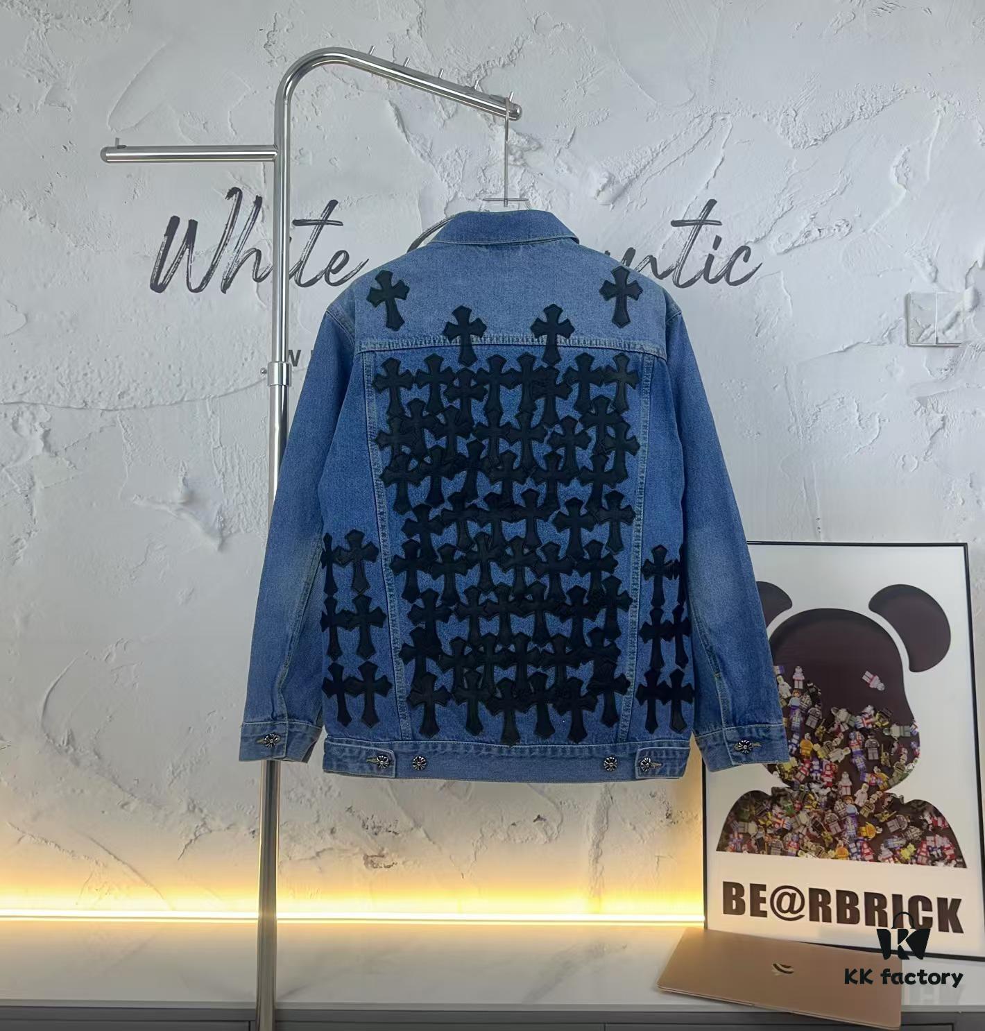 Chrome Hearts Couple's Heavy Washed Denim Jacket with Leather Back Panel and Full Logo Embellishment