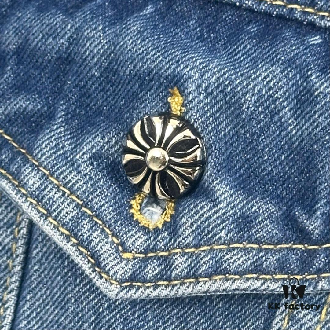 Chrome Hearts Couple's Heavy Washed Denim Jacket with Leather Back Panel and Full Logo Embellishment