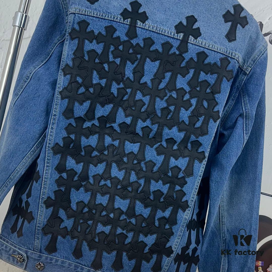 Chrome Hearts Couple's Heavy Washed Denim Jacket with Leather Back Panel and Full Logo Embellishment