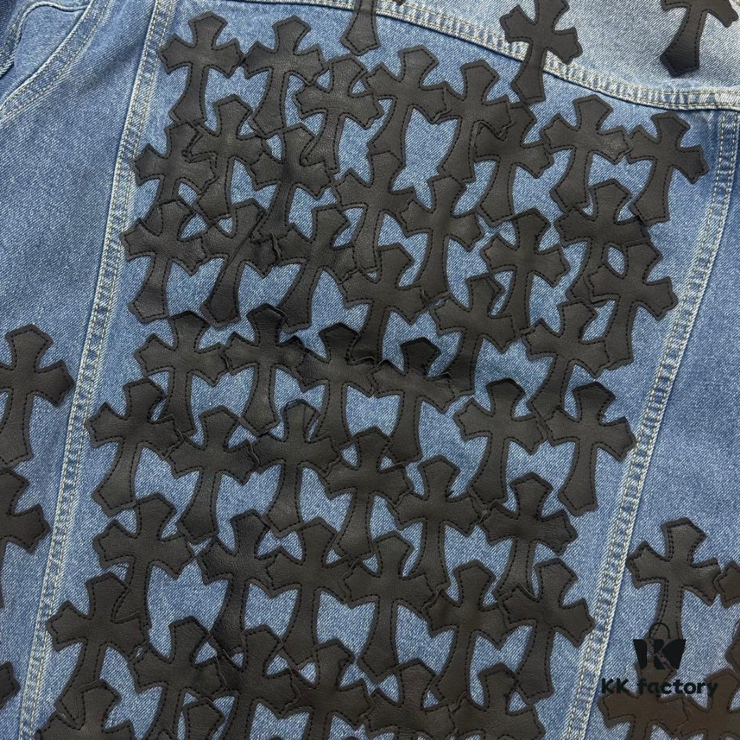 Chrome Hearts Couple's Heavy Washed Denim Jacket with Leather Back Panel and Full Logo Embellishment