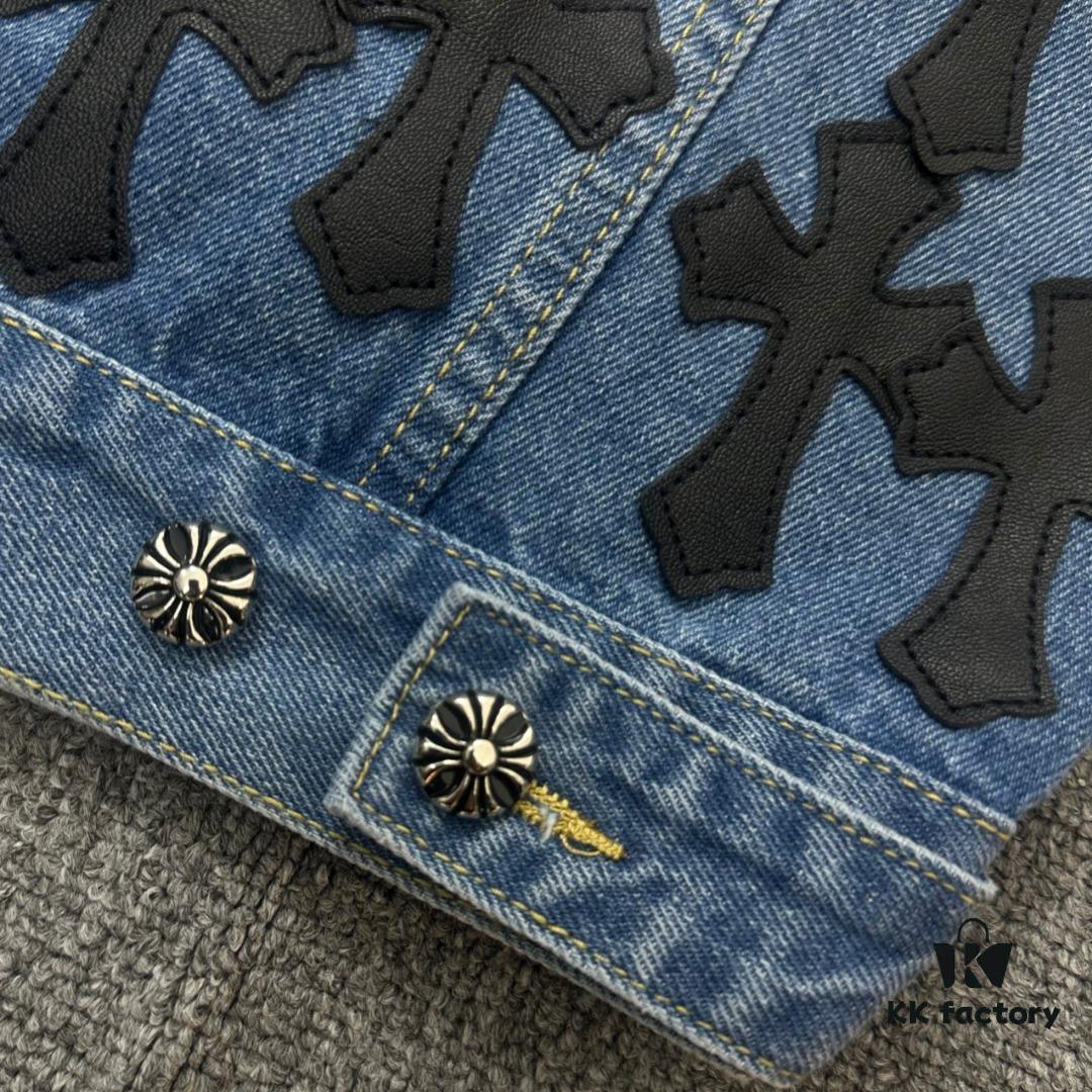 Chrome Hearts Couple's Heavy Washed Denim Jacket with Leather Back Panel and Full Logo Embellishment