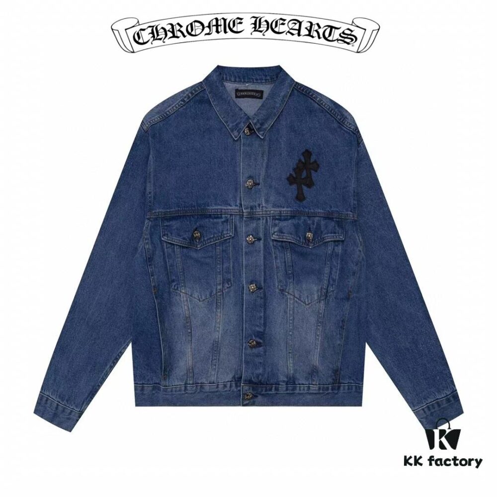 Chrome Hearts Couple's Heavy Washed Denim Jacket with Leather Back Panel and Full Logo Design