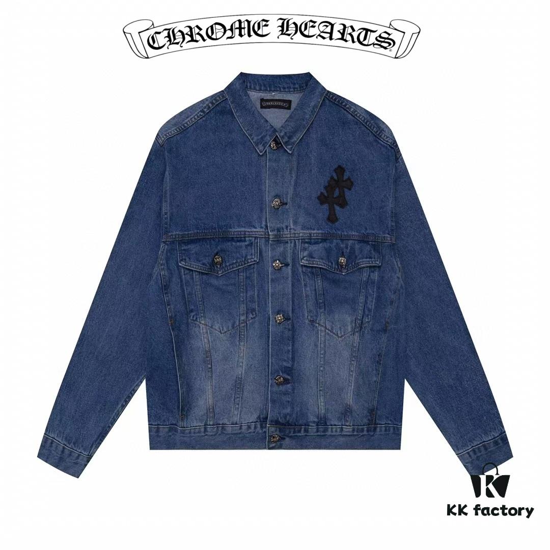 Chrome Hearts Couple's Heavy Washed Denim Jacket with Leather Back Panel and Full Logo Design