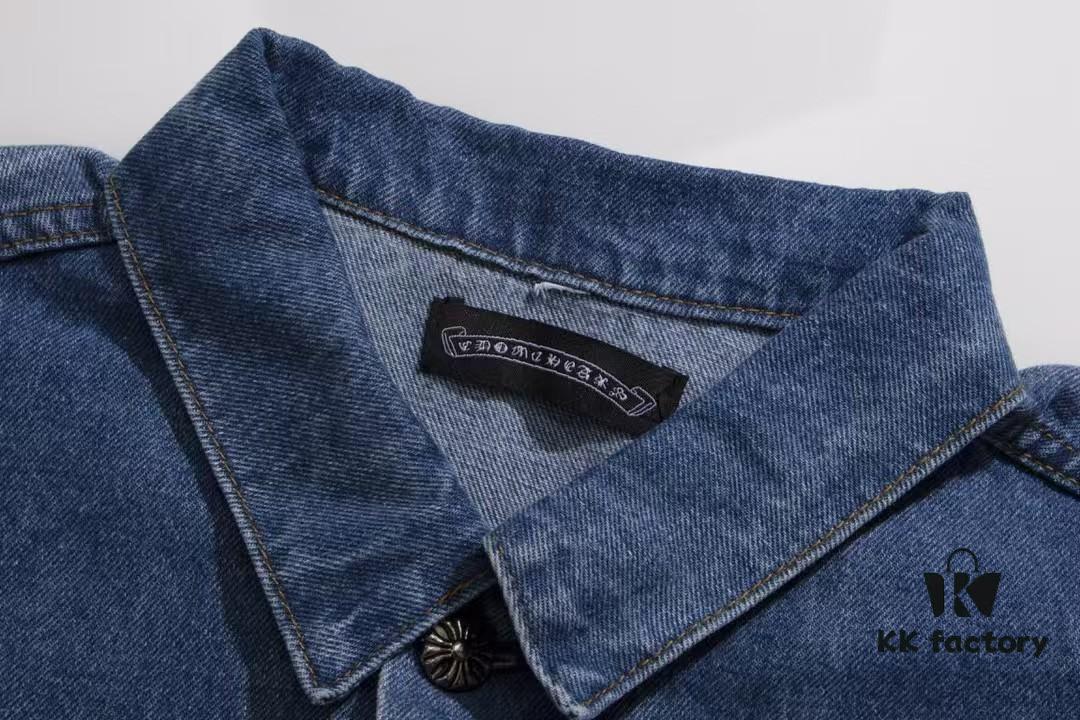 Chrome Hearts Couple's Heavy Washed Denim Jacket with Leather Back Panel and Full Logo Design