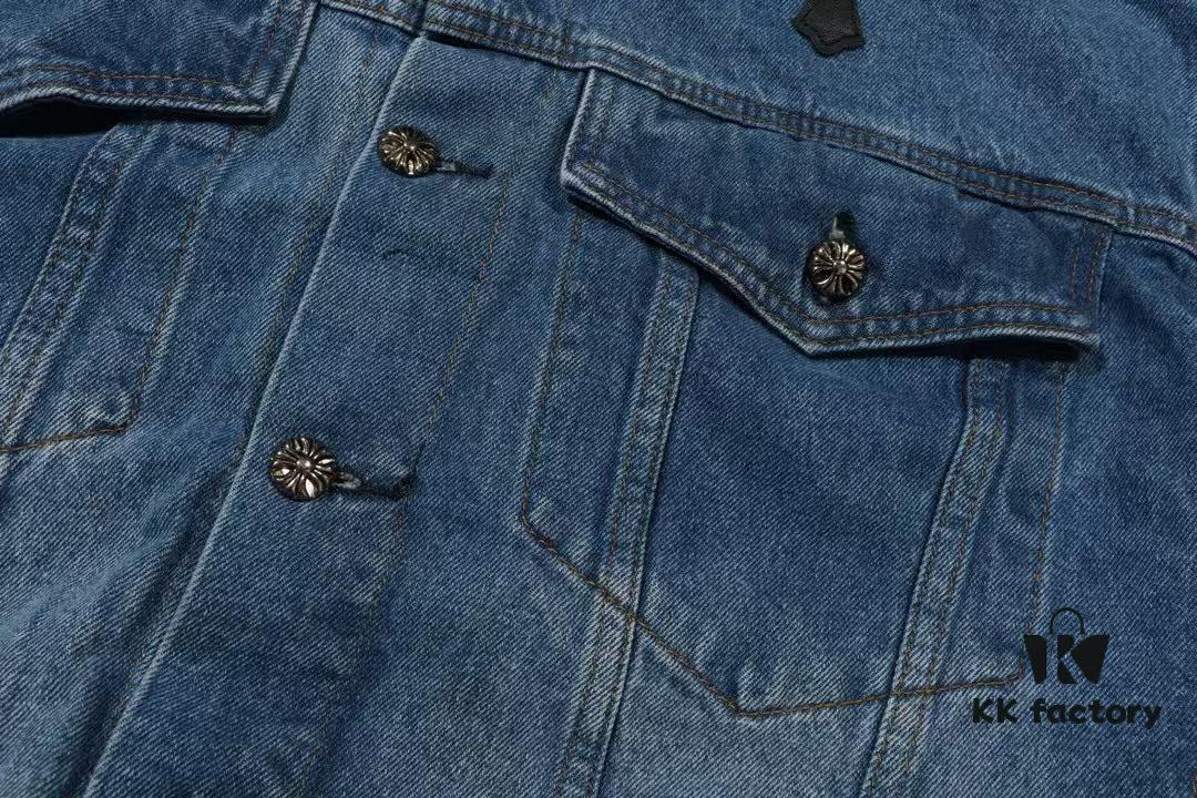 Chrome Hearts Couple's Heavy Washed Denim Jacket with Leather Back Panel and Full Logo Design