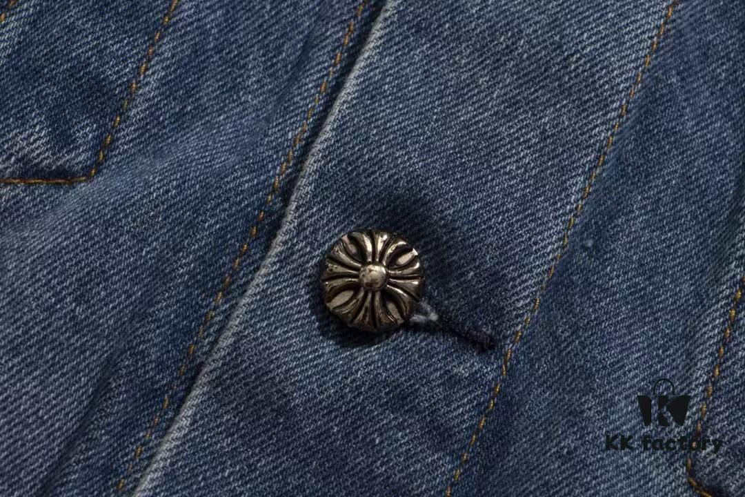 Chrome Hearts Couple's Heavy Washed Denim Jacket with Leather Back Panel and Full Logo Design