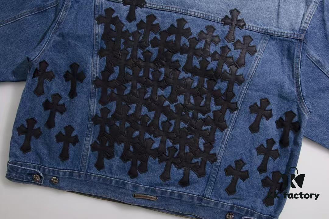 Chrome Hearts Couple's Heavy Washed Denim Jacket with Leather Back Panel and Full Logo Design