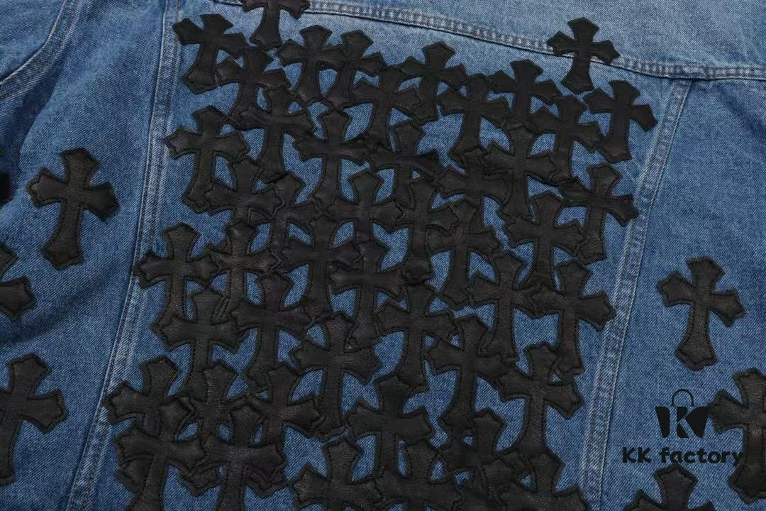 Chrome Hearts Couple's Heavy Washed Denim Jacket with Leather Back Panel and Full Logo Design