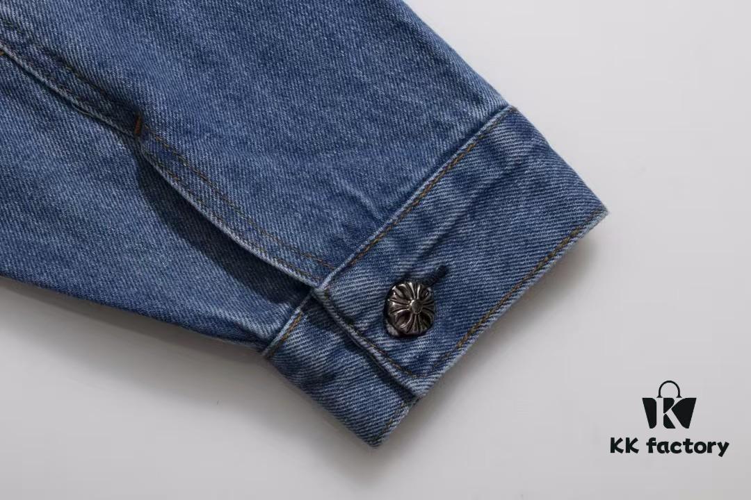 Chrome Hearts Couple's Heavy Washed Denim Jacket with Leather Back Panel and Full Logo Design