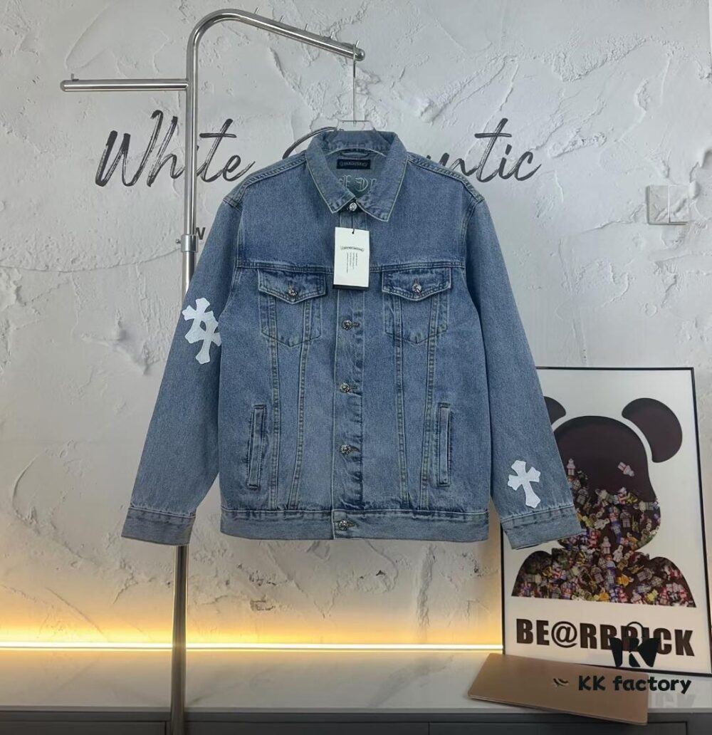 Chrome Hearts Cross Embroidered Washed Denim Jacket with Sanskrit Design for Couples