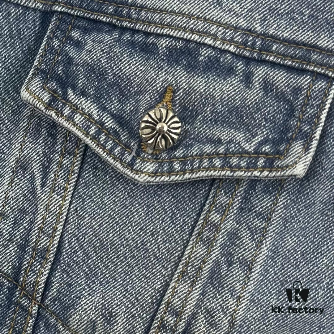 Chrome Hearts Cross Embroidered Washed Denim Jacket with Sanskrit Design for Couples