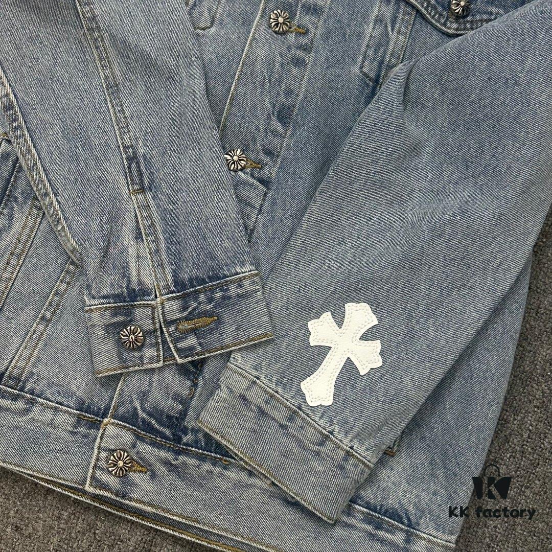 Chrome Hearts Cross Embroidered Washed Denim Jacket with Sanskrit Design for Couples