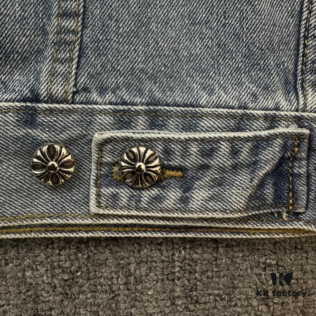 Chrome Hearts Cross Embroidered Washed Denim Jacket with Sanskrit Design for Couples