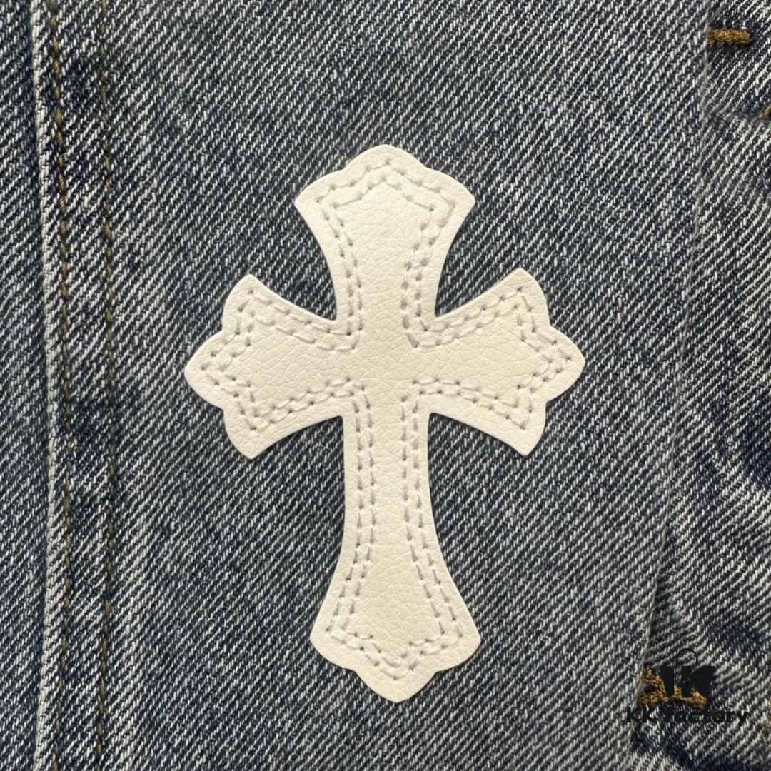 Chrome Hearts Cross Embroidered Washed Denim Jacket with Sanskrit Design for Couples
