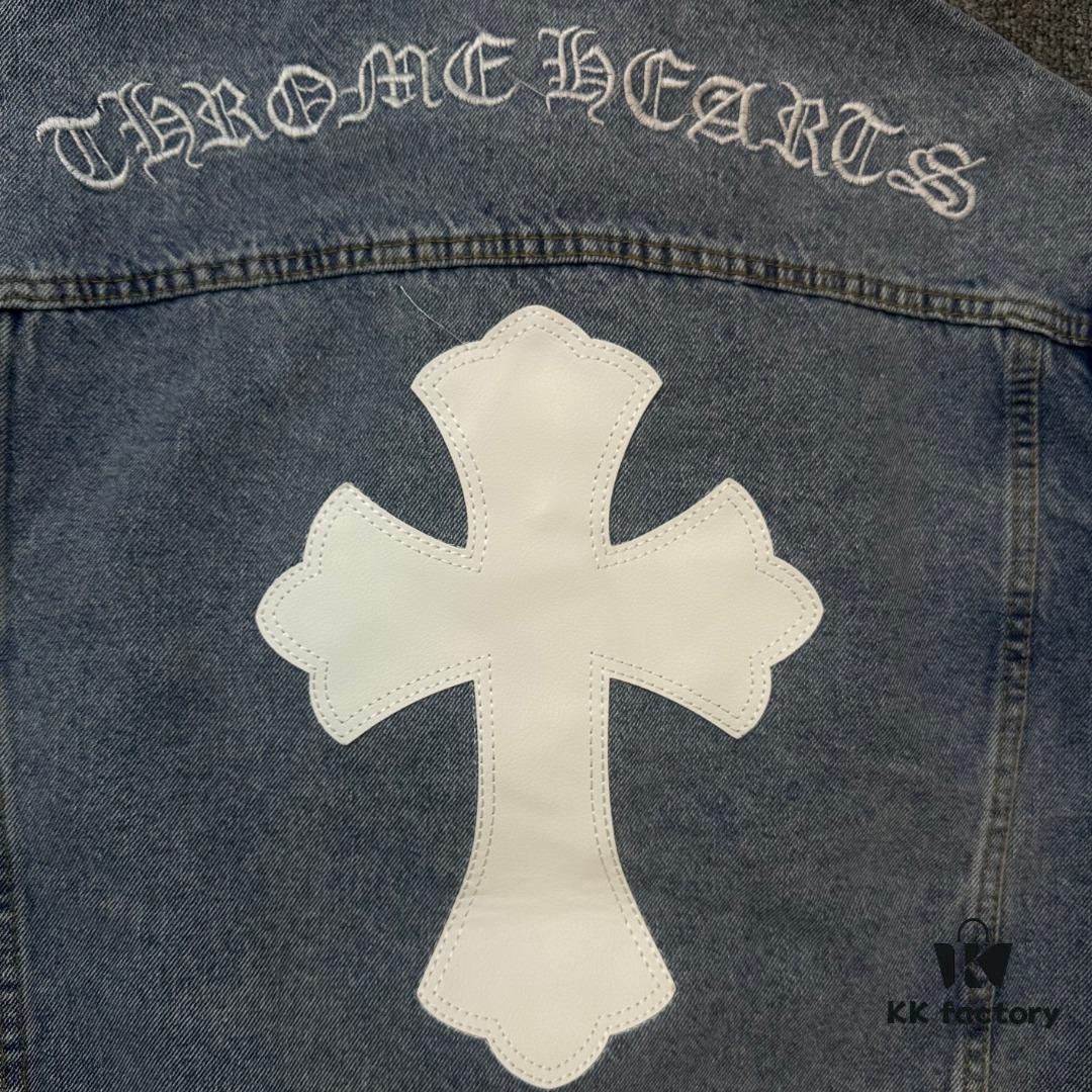 Chrome Hearts Cross Embroidered Washed Denim Jacket with Sanskrit Design for Couples