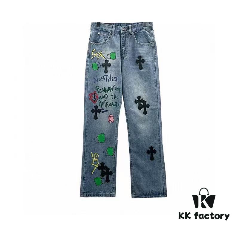 Chrome Hearts Graffiti Patchwork Monster Denim Jeans with Large Silver Buckle (Top Version)