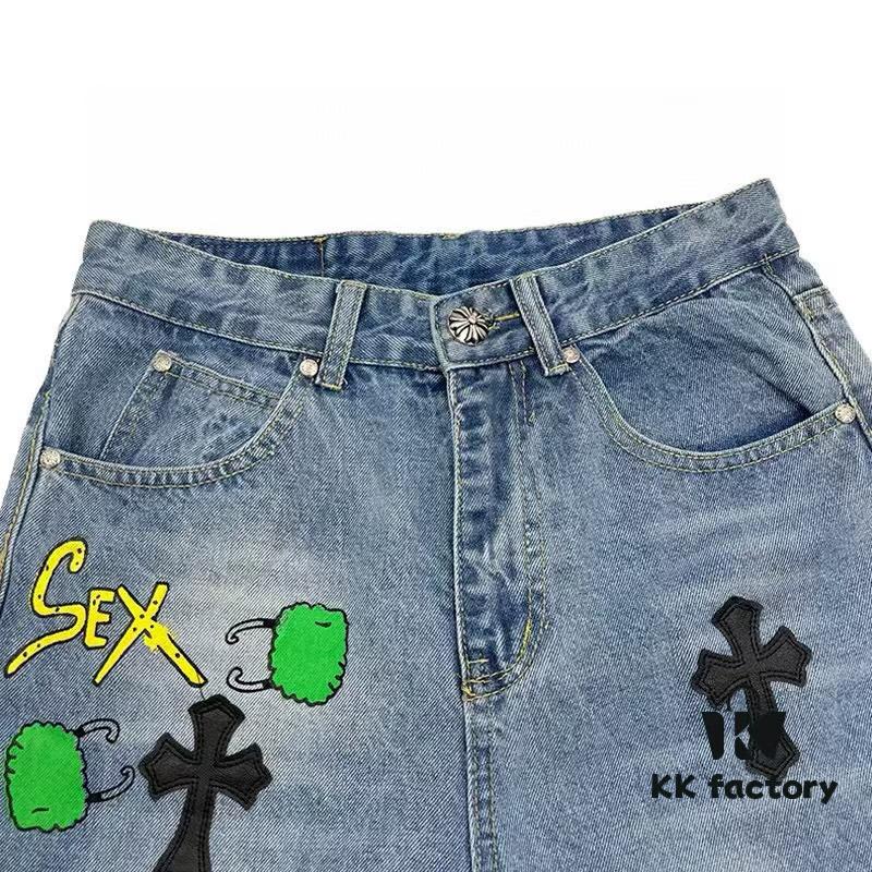 Chrome Hearts Graffiti Patchwork Monster Denim Jeans with Large Silver Buckle (Top Version)