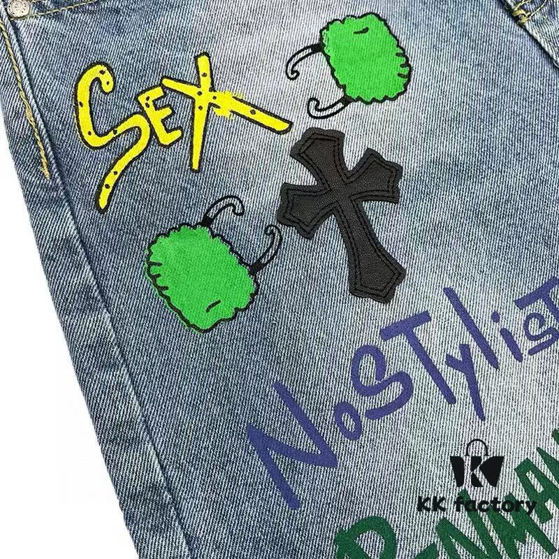 Chrome Hearts Graffiti Patchwork Monster Denim Jeans with Large Silver Buckle (Top Version)