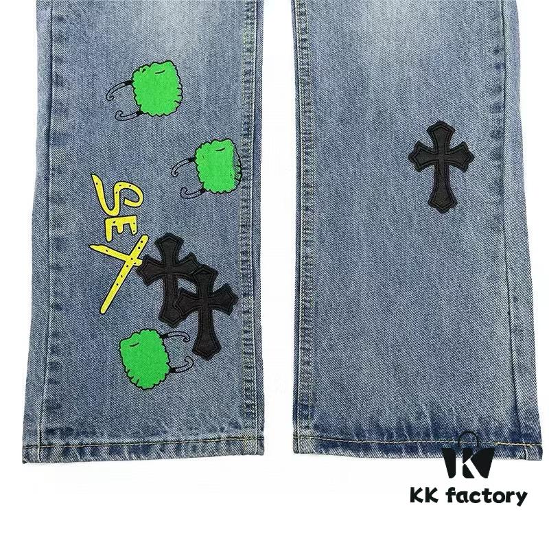 Chrome Hearts Graffiti Patchwork Monster Denim Jeans with Large Silver Buckle (Top Version)