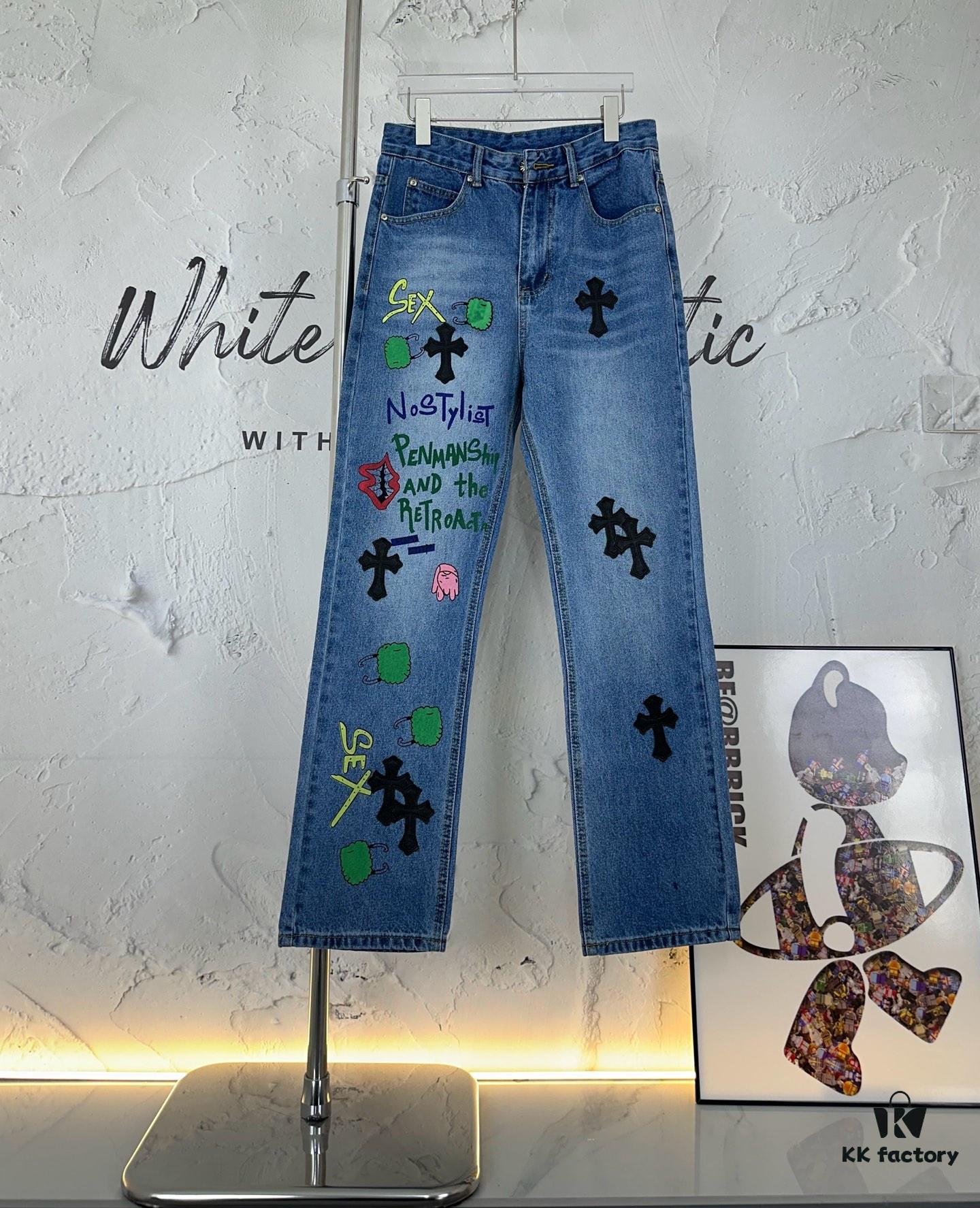 Chrome Hearts Graffiti Appliqué Monster Print Denim Jeans with Large Silver Buckle (Top Version)
