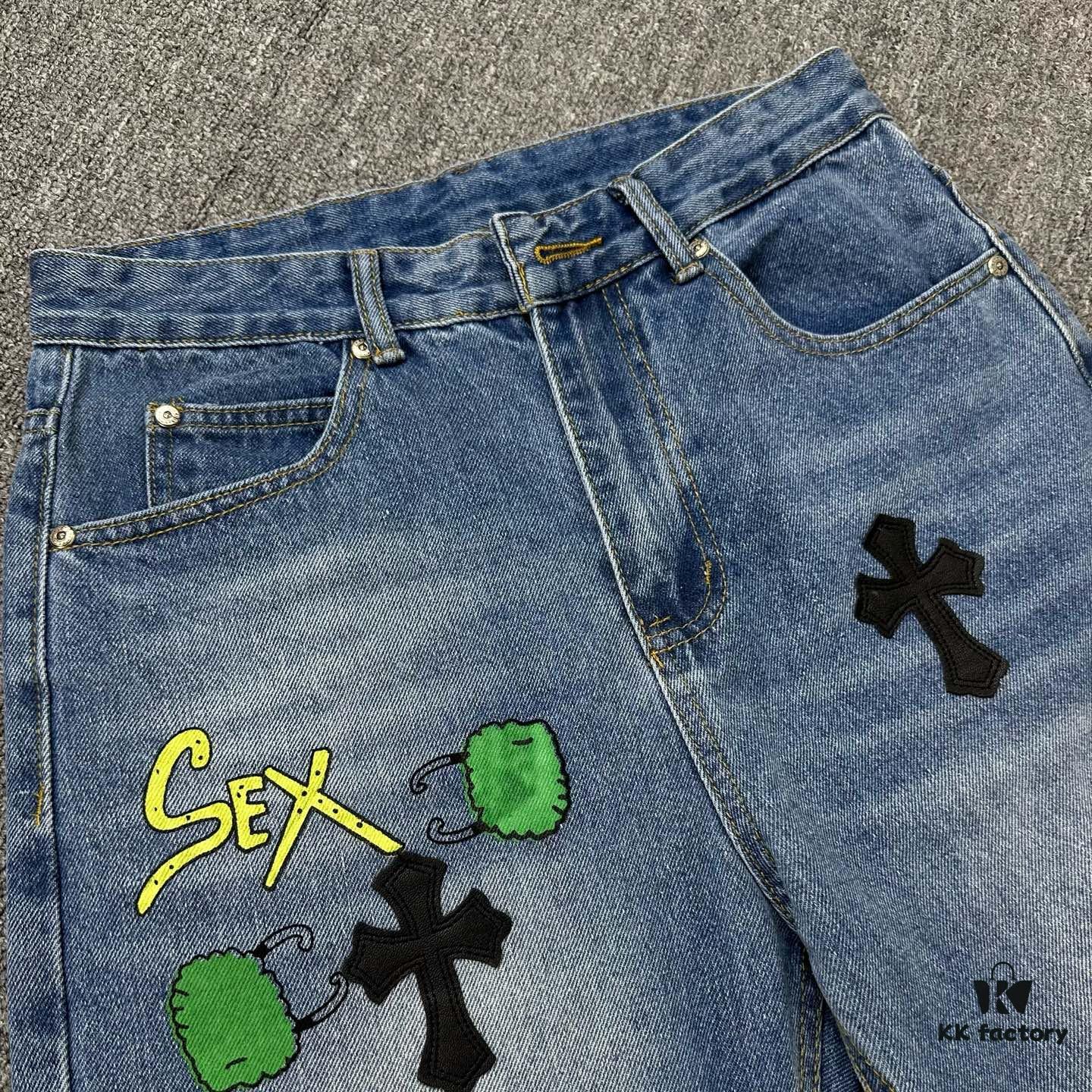 Chrome Hearts Graffiti Appliqué Monster Print Denim Jeans with Large Silver Buckle (Top Version)