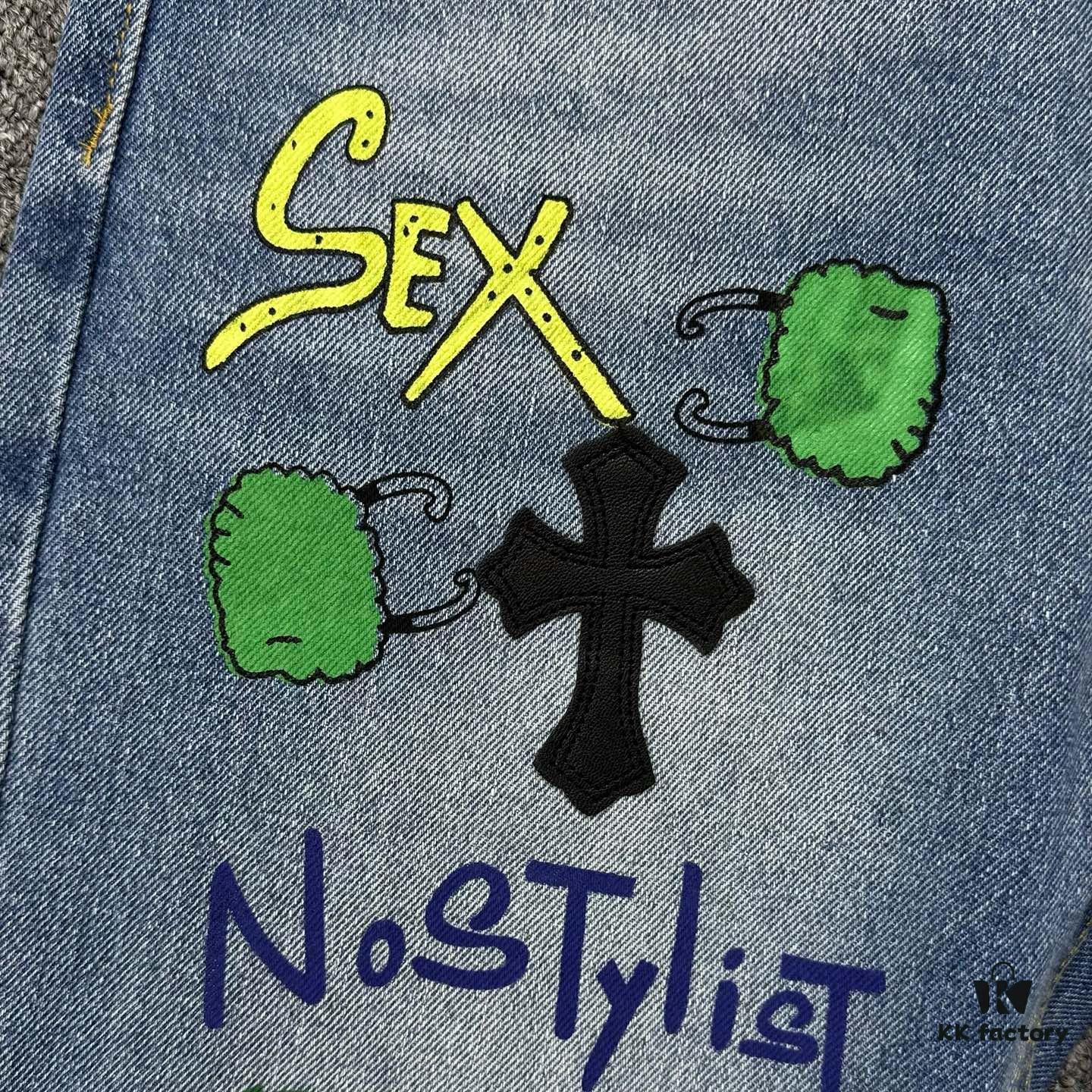 Chrome Hearts Graffiti Appliqué Monster Print Denim Jeans with Large Silver Buckle (Top Version)